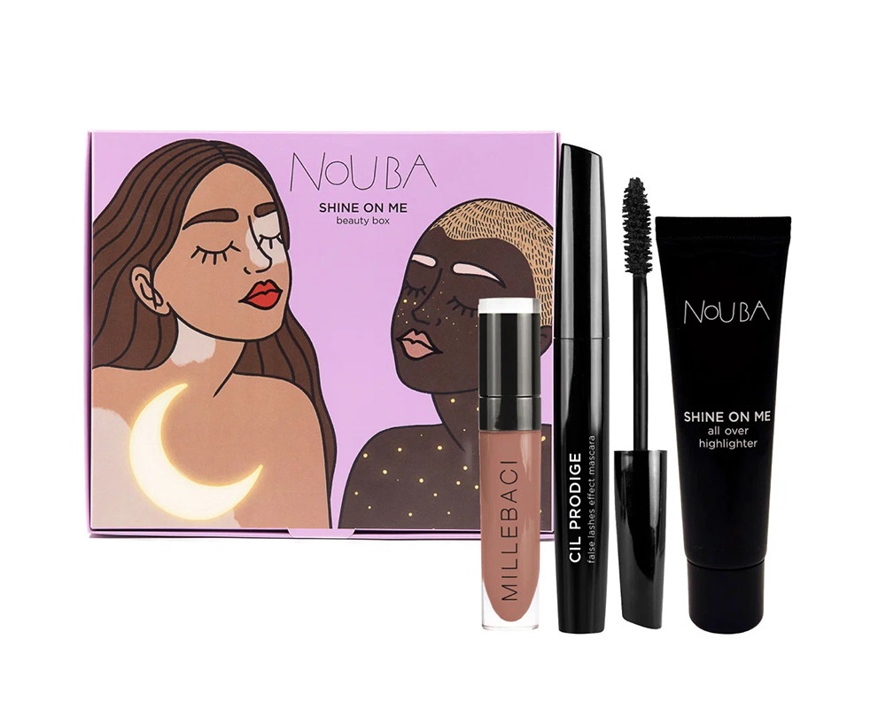 Набор Nouba Shine On Me Nude (тушь для ресниц NoUba Cil Prodige Mascara + жидкая помада для губ NoUba Millebaci + 30 мл - хайлайтер для лица и тела Shine On Me)