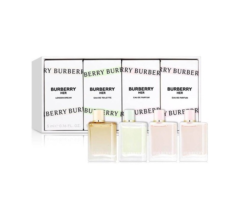 Набор (2х5 мл - парфюмированная вода (edp), миниатюра Burberry Her Eau De Parfum + 5 мл - туалетная вода (edt), миниатюра Burberry Her Eau De Toilette + 5 мл - парфюмированная вода (edp), миниатюра Burberry Her London Dream Eau De Parfum)