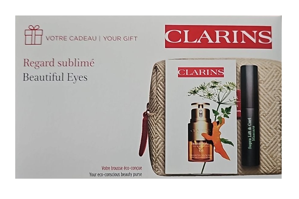 Набір (косметичка + сироватка для шкіри навколо очей Clarins Double Serum Complete Age Control Concentrate - 0,9 мл, пробник + туш для вій Clarins Supra Lift - 3 мл, мініатюра)