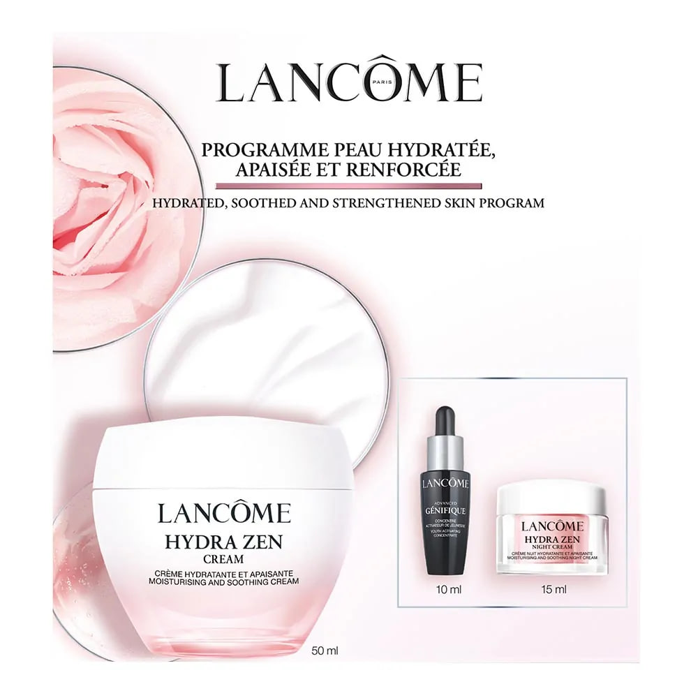 Набір (50 мл - денний крем для обличчя Lancome Hydra Zen Moisturizing and Soothing Cream + 15 мл - нічний крем для обличчя Lancome Hydra Zen Gel Cream + 10 мл - Сироватка-активатор молодості шкіри обличчя Lancome Advanced Génifique Youth Activator Concent