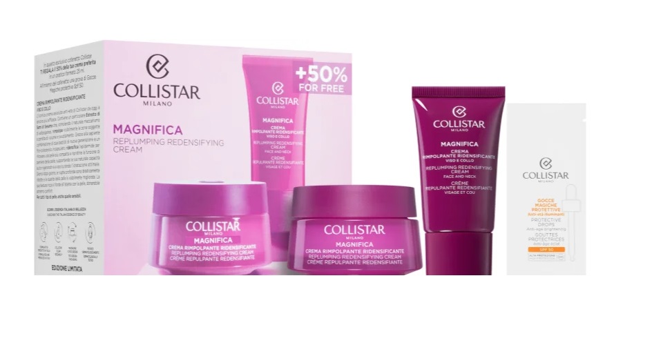 Набір ( 50 мл - крем для обличчя та шиї Collistar Magnifica Light Replumping Redensifying Cream Face And Neck + 25 мл - крем для обличчя та шиї Collistar Magnifica Light Replumping Redensifying Cream Face And Neck + 1 мл - флюїд для обличчя Collistar Gocc