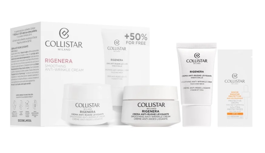 Набор ( 50 мл - крем для лица Collistar Regenera Smoothing Anti-Wrinkle Face Cream + 25 мл - крем для лица Collistar Regenera Smoothing Anti-Wrinkle Face Cream + 1 мл - флюид дл лица Collistar Gocce Magiche Protettive)