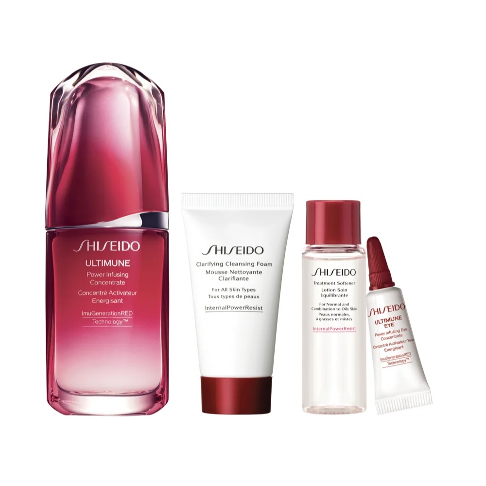 Набор Shiseido Ultimune Kit (50 мл - концентрат для обличчя + 30 мл - пенка для лица + 30 мл - тонизирующая вода для лица + 3 мл - сыворотка для кожи вокруг глаз)