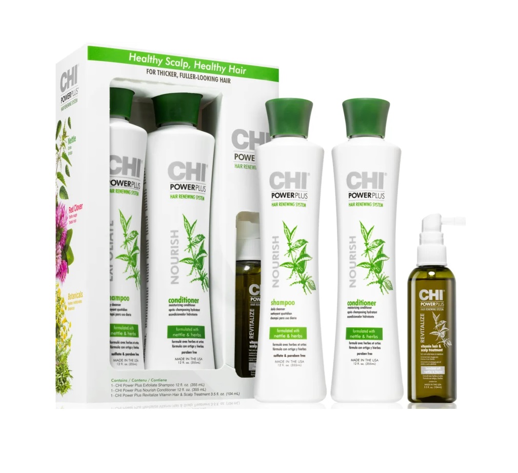 Набір ( 355 мл - кондиціонер для волосся CHI Power Plus Nourish Conditioner + 355 мл шампунь-ексфоліант для волосся CHI Power Plus Exfoliate Shampoo + 104 мл - комплекс для волосся CHI Power Plus Revitalize Vitamin Hair & Scalp Treatment)