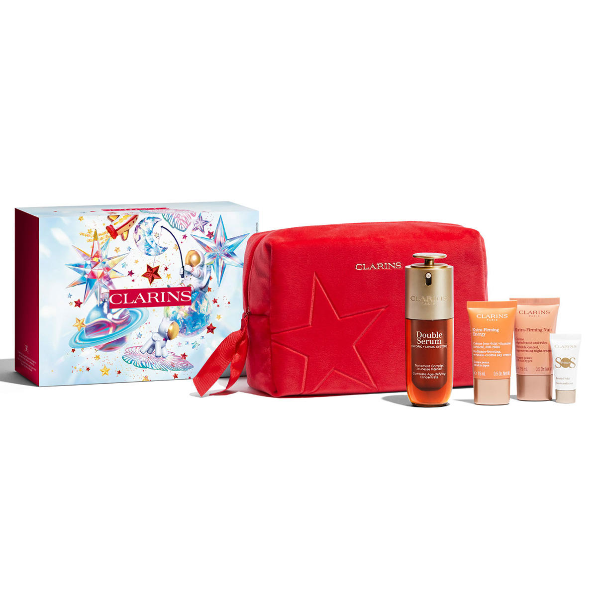 Набор (50 мл - сыворотка Clarins Double Serum Complete Age Control Concentrate + 15 мл - крем Clarins Extra-Firming Energy + 15 мл - крем Clarins Extra-Firming Night All Skin Types + 5 мл - праймер SOS Primer, White + косметичка)