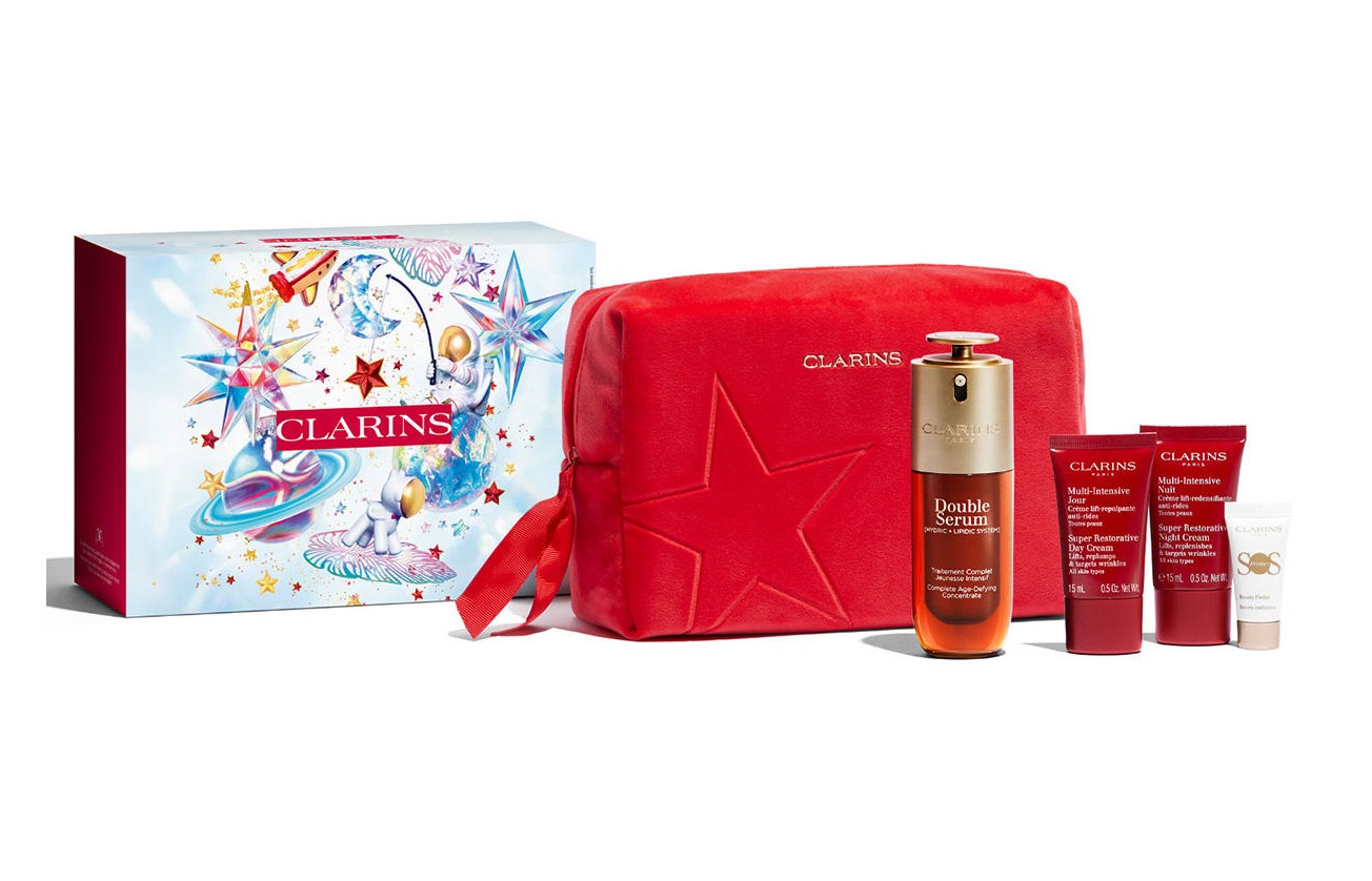 Набор (50 мл - сыворотка Clarins Double Serum Complete Age Control Concentrate + 15 мл - крем Clarins Super Restorative Day Cream All Skin + 15 мл - крем Clarins Super Restorative Night Cream All + 5 мл - праймер SOS Primer, White + косметичка)