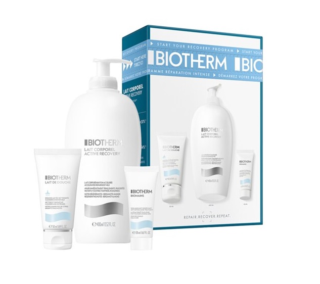 400 мл - відновлююче молочко для тіла Biotherm Lait Corporel Active Recovery (b/milk) + 50 мл - очищуюче молочко для душу Biotherm Lait De Douche Cleansing Shower Milk (sh/milk) + 50 мл - антивіковий крем для рук та нігтів Biotherm Biomains Hand Cream (h/cr))
