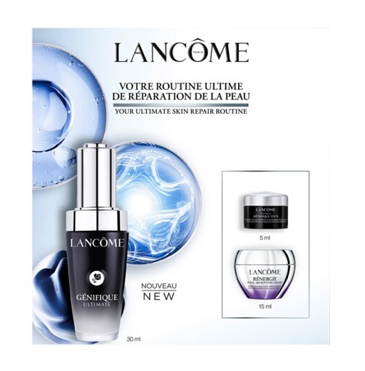 Набір (30 мл - відновлювальна сироватка для обличчя Lancome Genifique Ultimate Serum + 5 мл - крем-активатор молодості для контурів очей Lancome Advanced Genifique Eye Cream + 15 мл -  антивіковий крем для обличчя Lancome Renergie H.P.N. 300-Peptide Cream)