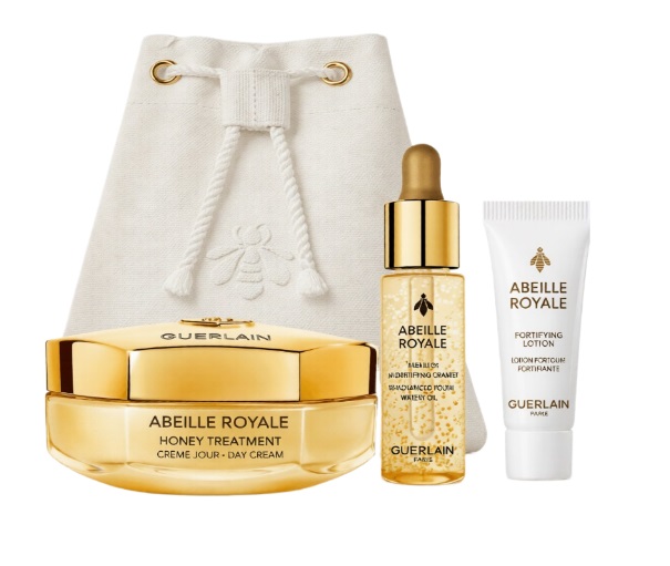Набор Guerlain Abeille Royale Honey Treatment Day Cream Set (50 мл - дневной крем для лица (cr) + 5 мл - масло для лица Advanced Youth Watery (f/oil) + 3 мл - крем для кожи вокруг глаз Abeille Royale (eye/cr) + косметичка (bag))